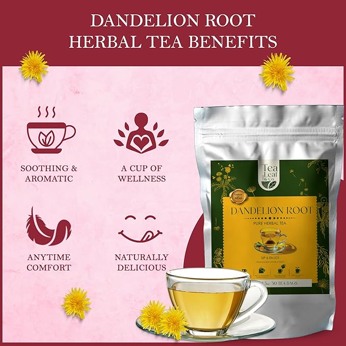 Tealeaf & Co. Dandelion Root Tea with Dried Dandelion Root Extract - Pure Herbal Tea Bags Blended with Fresh Herbs - Flavored Herbal Blend - Low Caffeine - Gluten Free - 50 Teabags