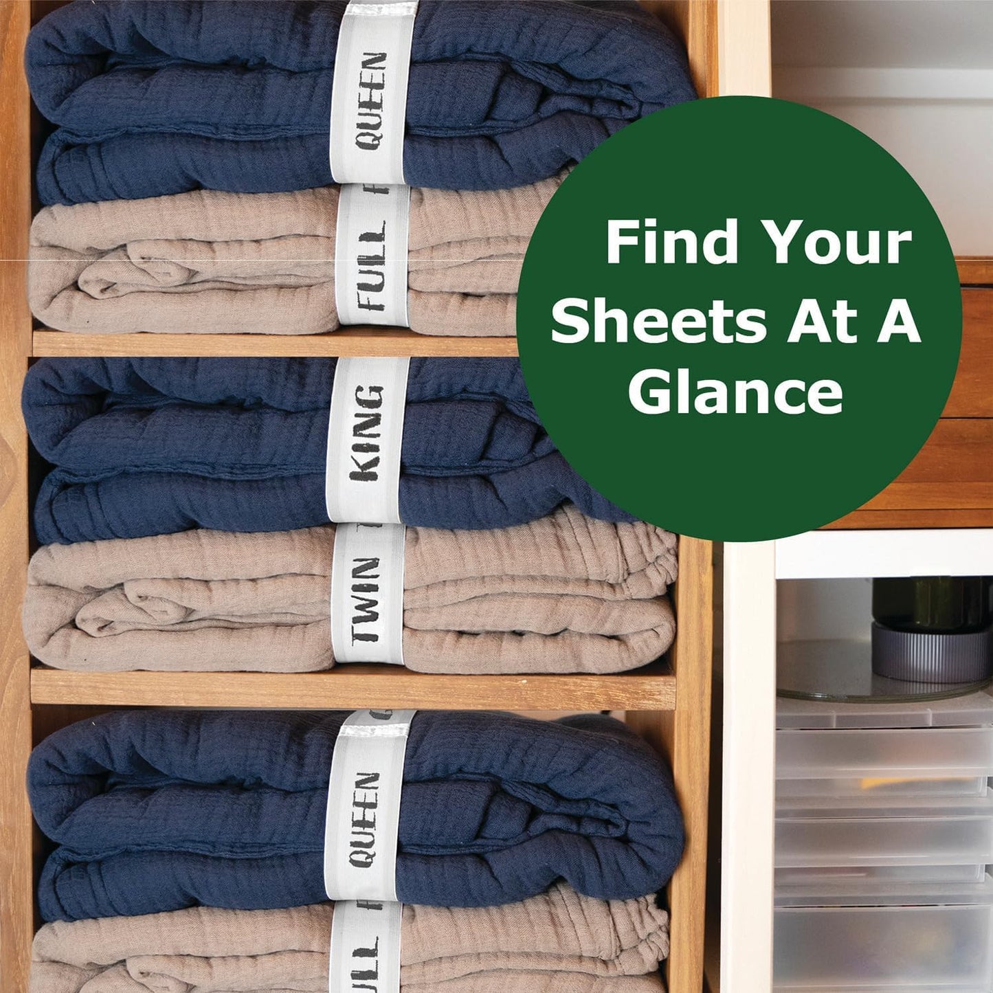 ECOHomes Bed Sheet Organizer and Storage Size Label Bands | Bed Sheets Set Organizers for Linen Closet Organization - Elastic Bedding Band Labels for Organizing Bedsheet (Full 2PCs Pack | White)