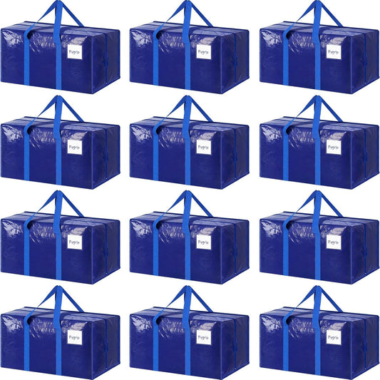 12 Pack Extra Heavy Duty Large Moving Bags with Strong Zipper & Comfortable Handles, Sturdy & Durable Clothes Storage Bags Totes Bins, Packing Moving Boxes for College Supplies, Blue