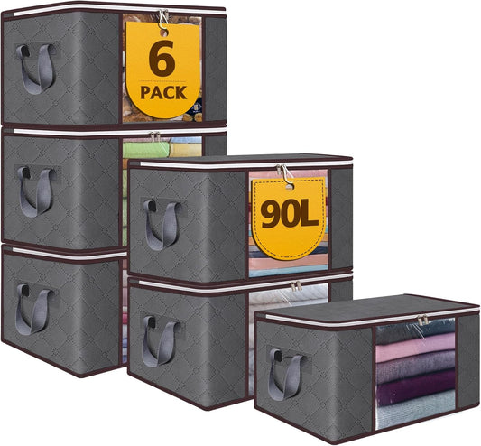90L Large Storage Bags,6 Pack Foldable Clothes Storage Bins,Closet Organizers Storage Containers Durable Handle Thick Fabric For Bedding,Clothing, Blanket, Pillows and Toys,Grey