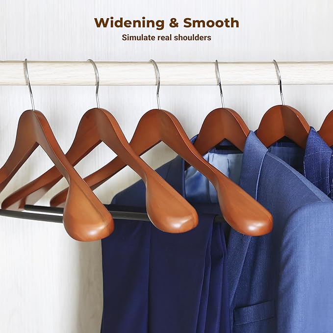 Coat Hanger 8-Pack, MEQUTION Wood Hangers Trouser Hangers Extra Wide Shoulder Wooden Hangers for Heavy Coat, Sweater, Skirt, Suit, Pants, Retro Finish (Walnut)