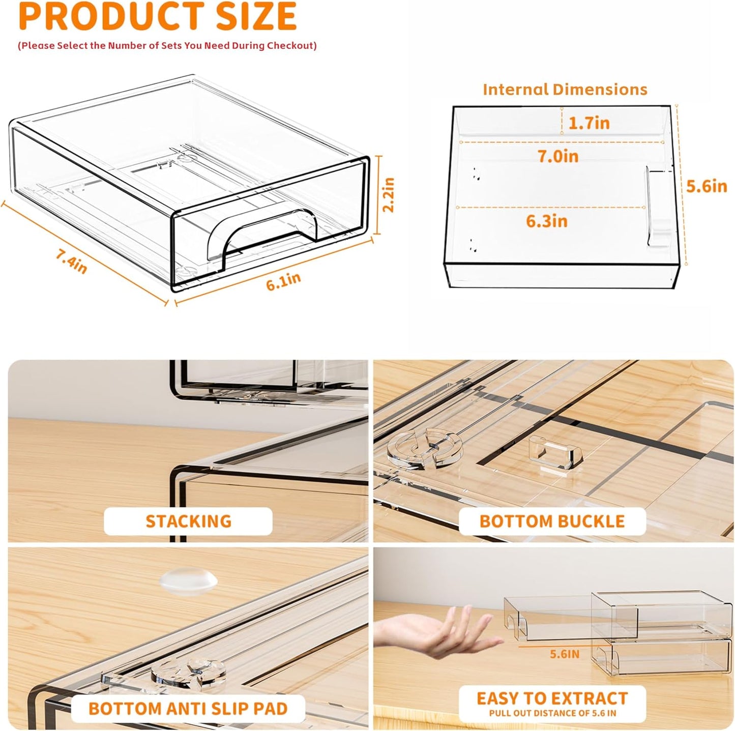 Yieach 2.2'' Tall Acrylic Clear Stackable Storage Drawer Organizer,8 Pack Desk Organization and Storage,Plastic Office Supply Organizer,Drawer Storage Organizer for Makeup,Accessory,Pen,Art Crafts