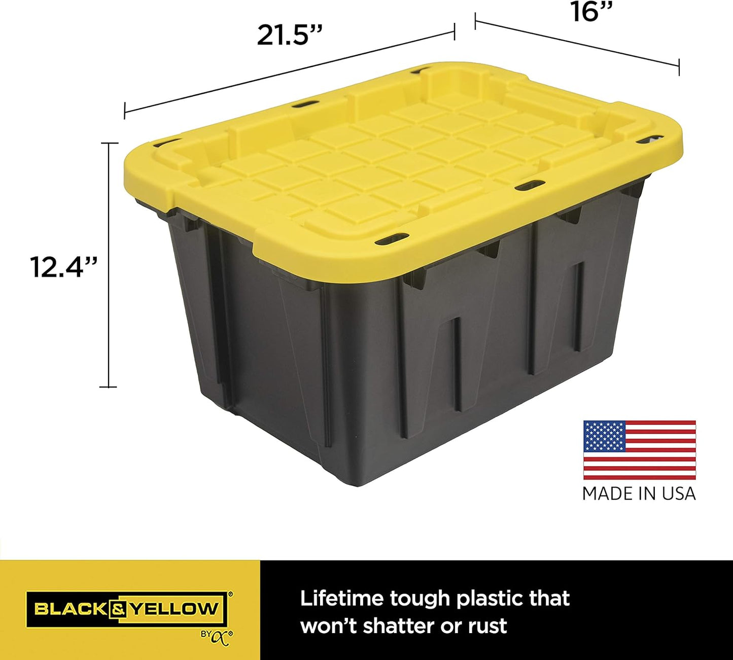CX BLACK & YELLOW, 12-Gallon Heavy Duty Tough Storage Container & Snap-Tight Lid, (12.51"H x 16.3"W x 21.8"D), Weather-Resistant Design and Stackable Organization Tote [4 Pack]
