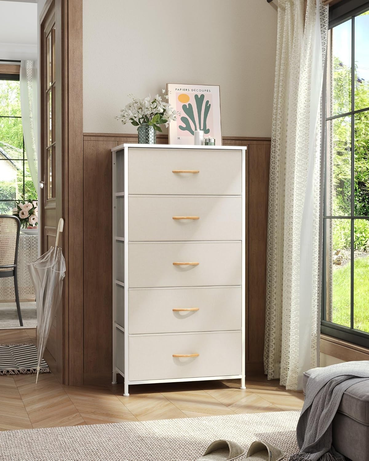 Crestlive Products Vertical Dresser Storage Tower - Sturdy Steel Frame, Wood Top, Easy Pull Fabric Bins - Wide Organizer Unit for Bedroom, Hallway, Entryway, Closets - 5 Drawers(Beige)