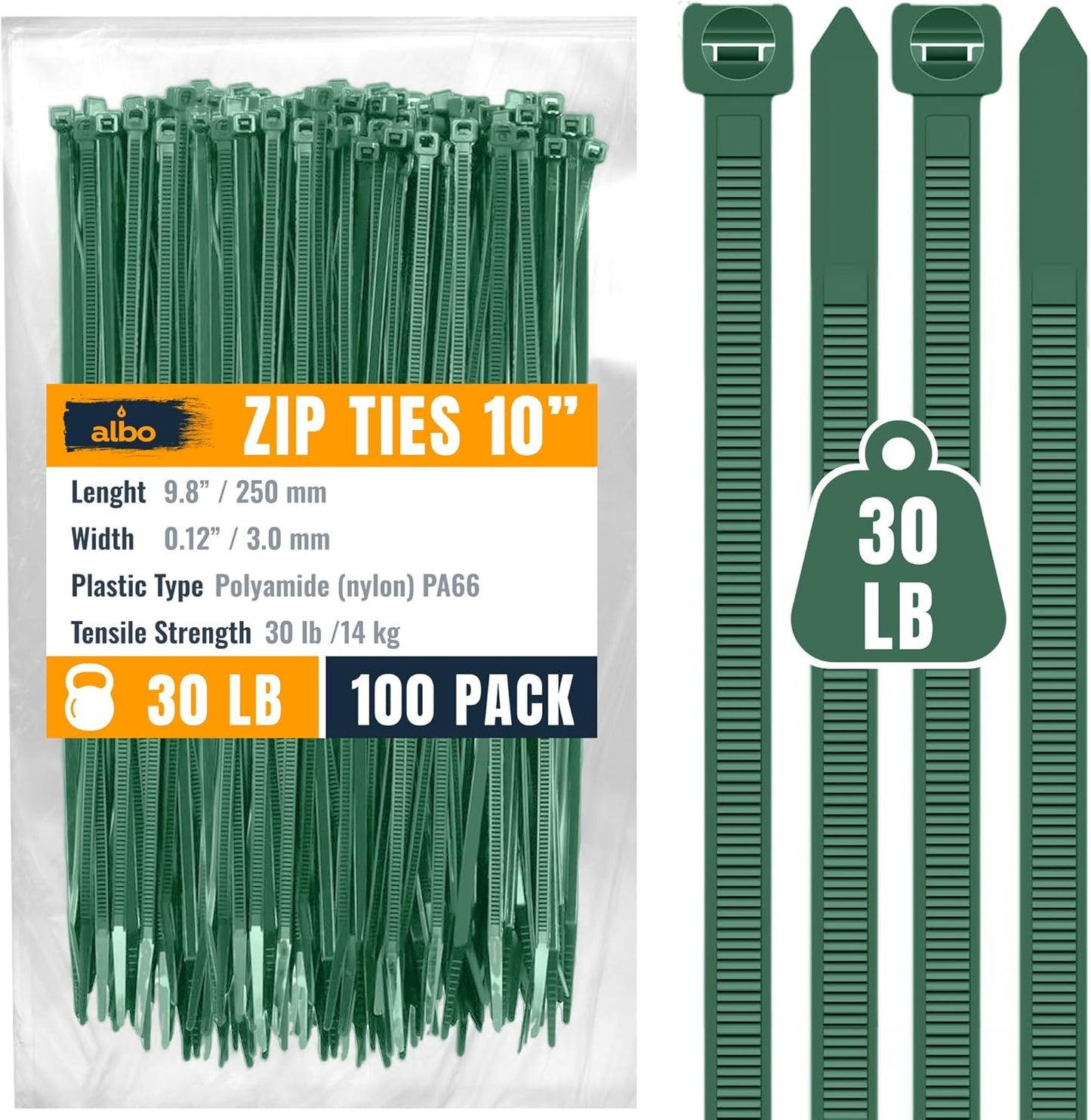 ALBO 10 Inch Green Zip Ties – Green Cable Ties for Indoor and Outdoor Use, UV Resistant Tie Wraps for Wires, Cables, Floral Arrangements, and Garland, 100 Pack
