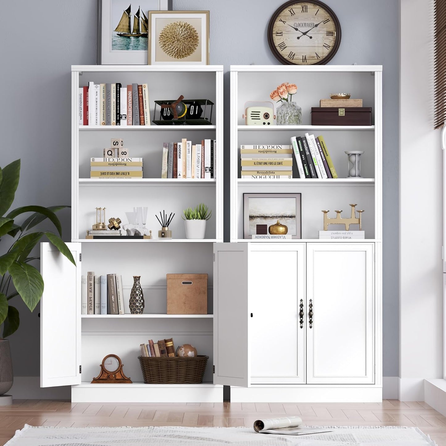 71.4" Tall Bookshelf with Cabinet, 5-Tier Floor Standing Bookcase with Doors & Adjustable Shelves, 31.5" Wide Storage Shelf, Metal Handles, Modern Organizer for Home Office, Living Room