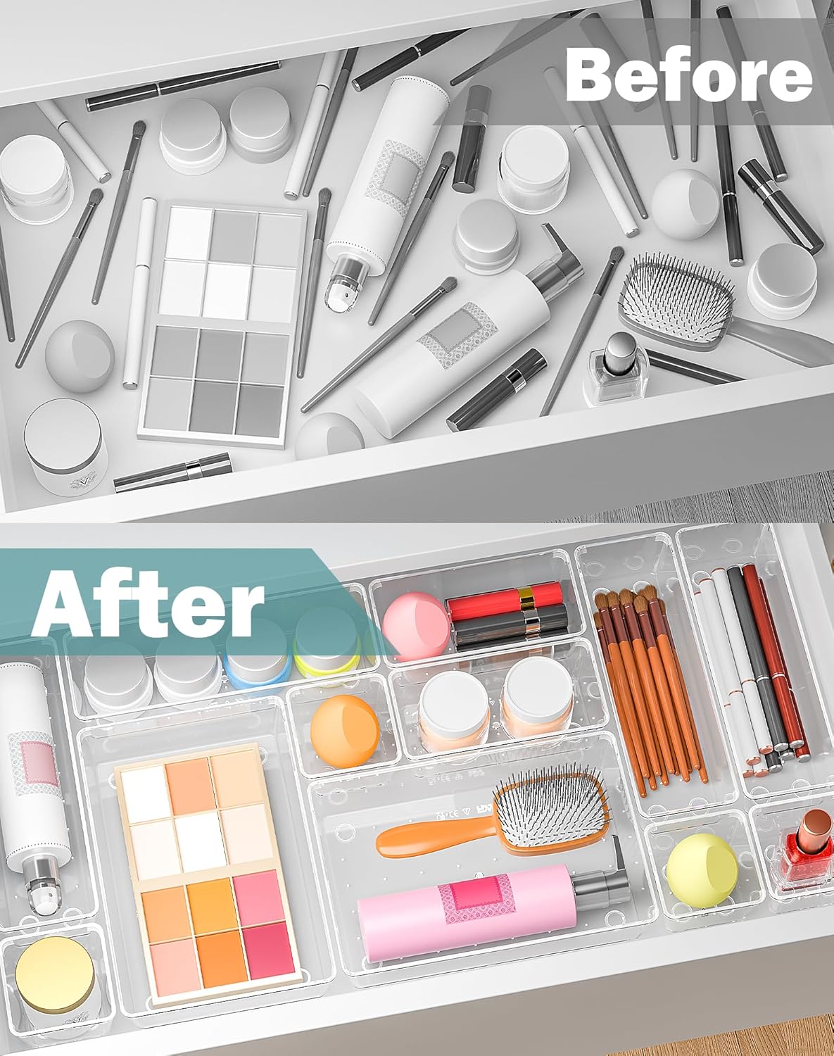 30Pcs Clear Plastic Drawer Organizers Set, 4size makeup drawer organizer trays for vanity,desk,bathroom,office,nightstand,gadgets for kitchen drawer, Versatile drawer divider storage bins