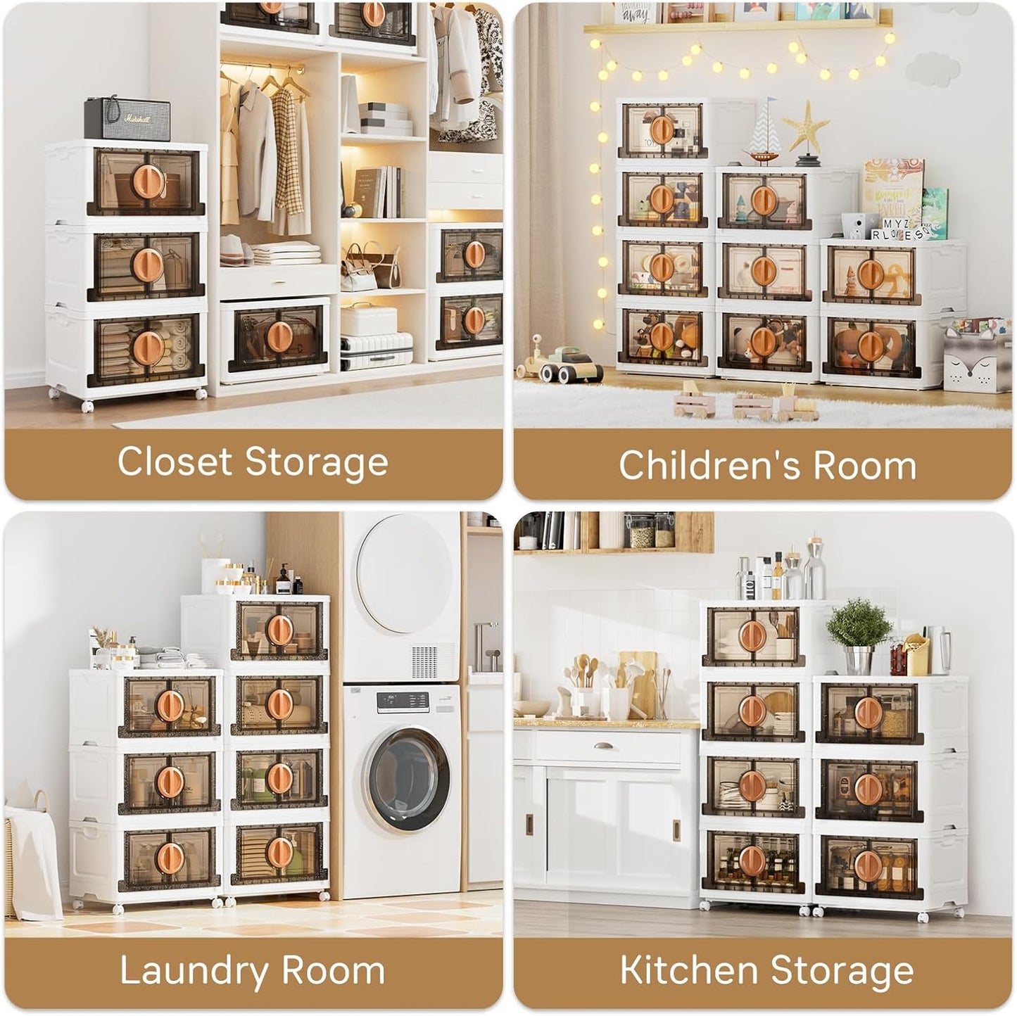 JEKO&JEKO 332Qt Lockable Stackable Storage Bins with Lids, Collapsible Closet Organizer with Wheels, Plastic Cabinet Drawer for Clothes, Dorm Room 4 Pack (White)