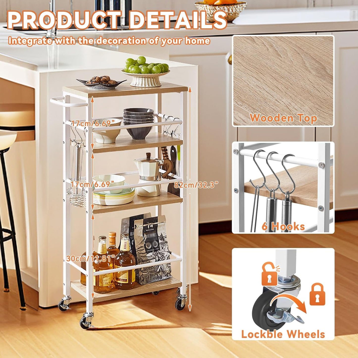 IBUYKE 7.8" Slim Rolling Cart,4 Tier Metal Kitchen Laundry Storage Cart,Industrial Narrow Utility cart,Trolley with Handle and Wooden Tabletop,for Kitchen, Living Room,Bathroom,Natural UTMJ065R