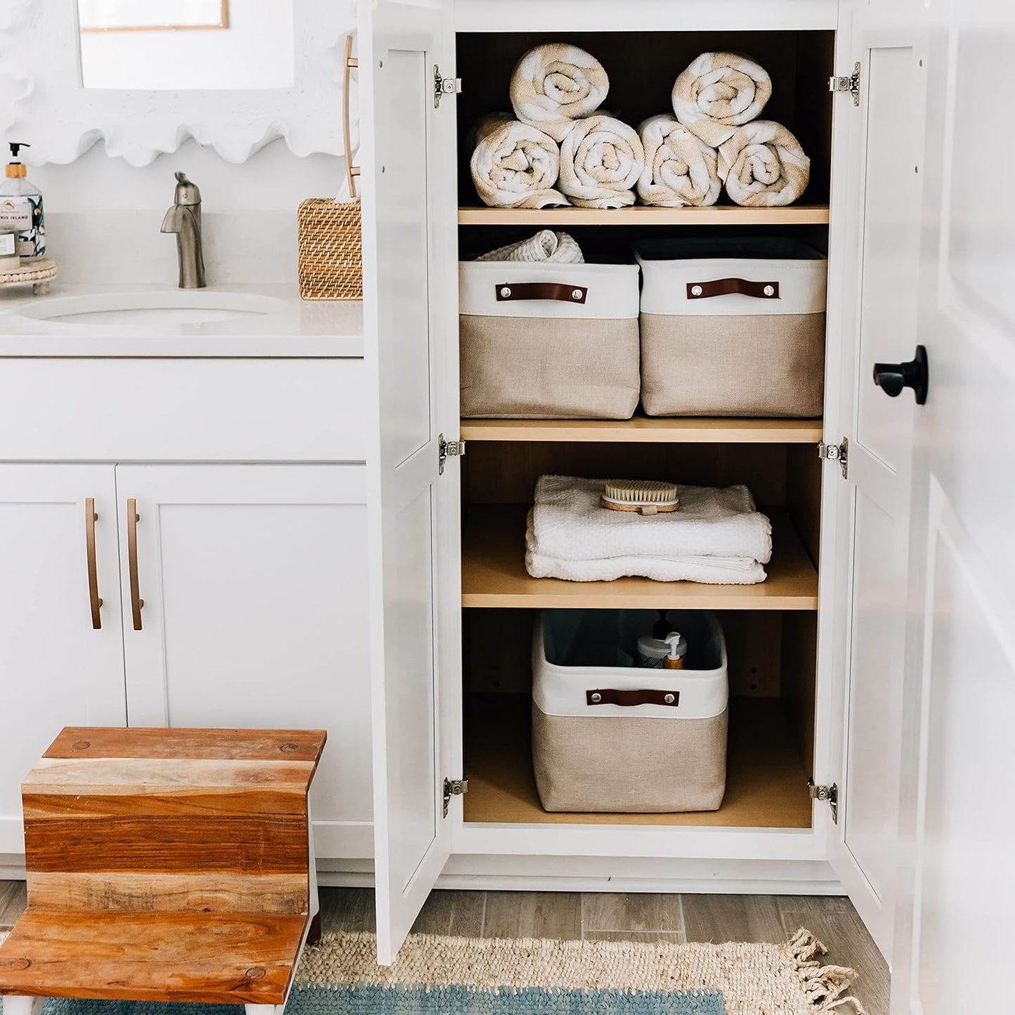 OrganiHaus Large Fabric Storage Baskets for Shelves 3 Pack, 15x11in Closet Storage Bins for Shelves, Canvas Baskets for Organizing, Linen Closet Organizers, Cloth Basket, Beige/Off-White