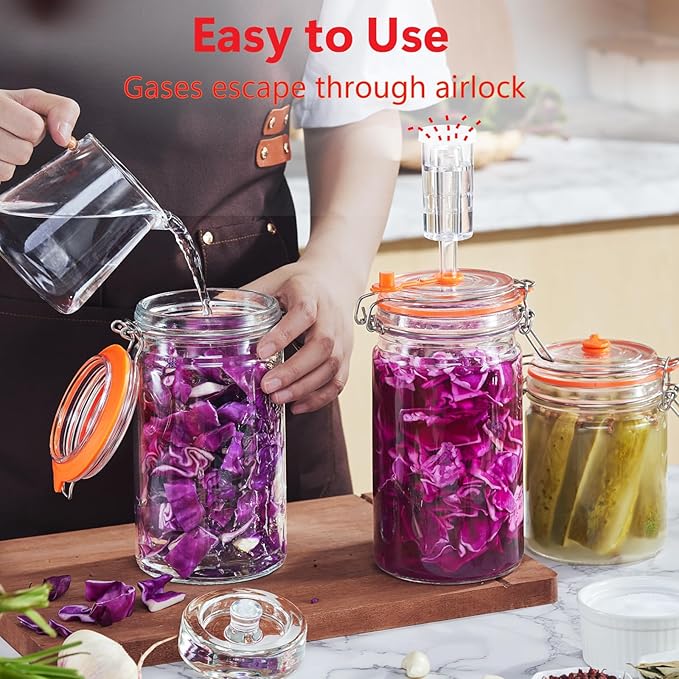 JILLMO 1 Liter Fermentation Jar, Glass Fermenting Kit with Weight for Making Sauerkraut, Hot Sauce, Mead, Cider and More, Pack of 2