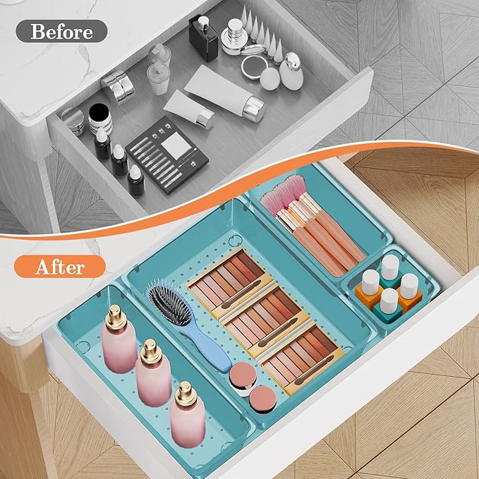 25 PCS Plastic Drawer Organizer Set, 4-Size Versatile Organizer Trays & storage Bins for Makeup, Jewelry, and Gadgets in Bathroom, Bedroom and Office, Sea Blue