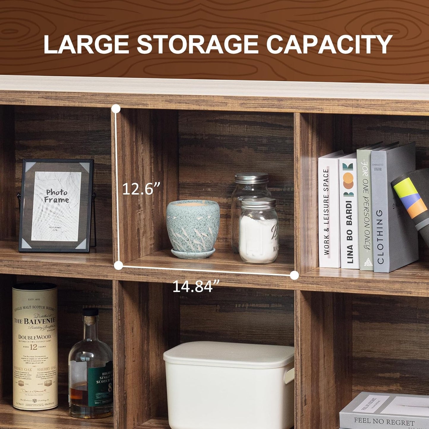 8 Cube Storage Organizer Bookshelf, Industrial Horizontal Bookcase, Accent Cubby Shelf, Media Console Table for Living Room, Home Office, 63 Inches, Light Oak