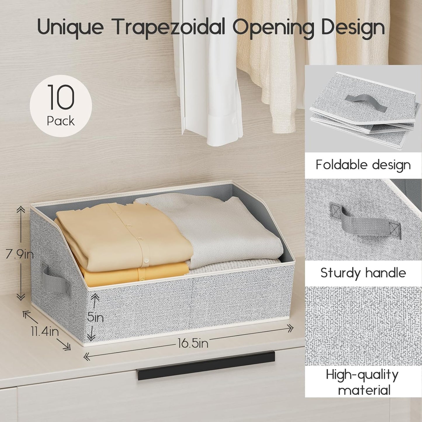 Large Closet Organizers and Storage Bins - 8 Pack Trapezoid Storage Baskets for Shelves, Foldable Fabric Baskets with Handles Ideal for Closet, Basket, Wardrobe and Shelf Storage, Light Grey