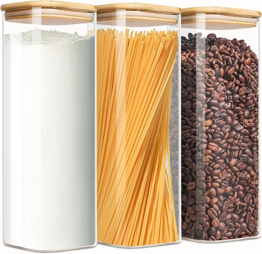 2.2 Qt Square Glass Storage Containers with Lids, Clear Food Storage Container Jar with Sealing Bamboo Lid Storage Containers for Pasta, Oats, Coffee, Flour, Sugar (Square -3Pack)