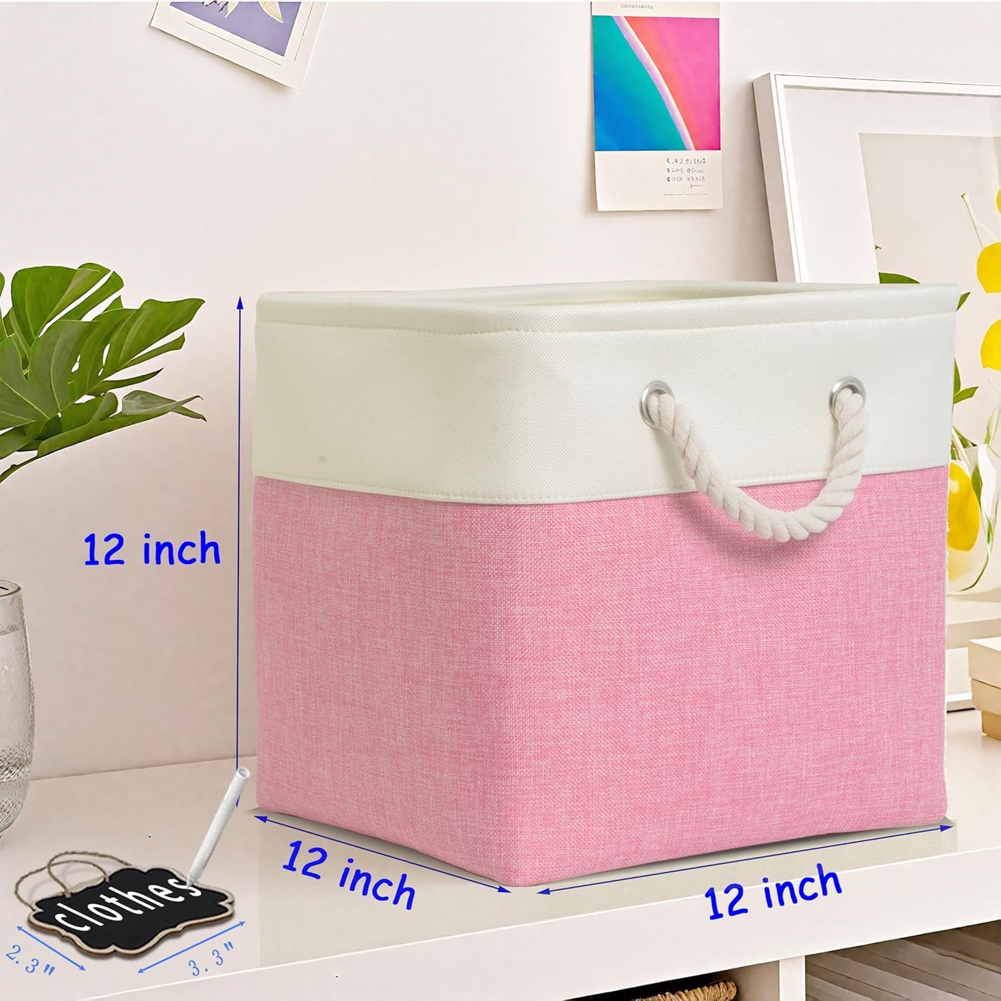 storage cubes 12 x 12[6 Pack],Cube Storage Organizer Bins with Rope Handles, Eco-Friendly Linen Collapsible Organizers for Closet, Nursery, Toys, Office, Bathroom – Dual Color Design.(White&Pink)