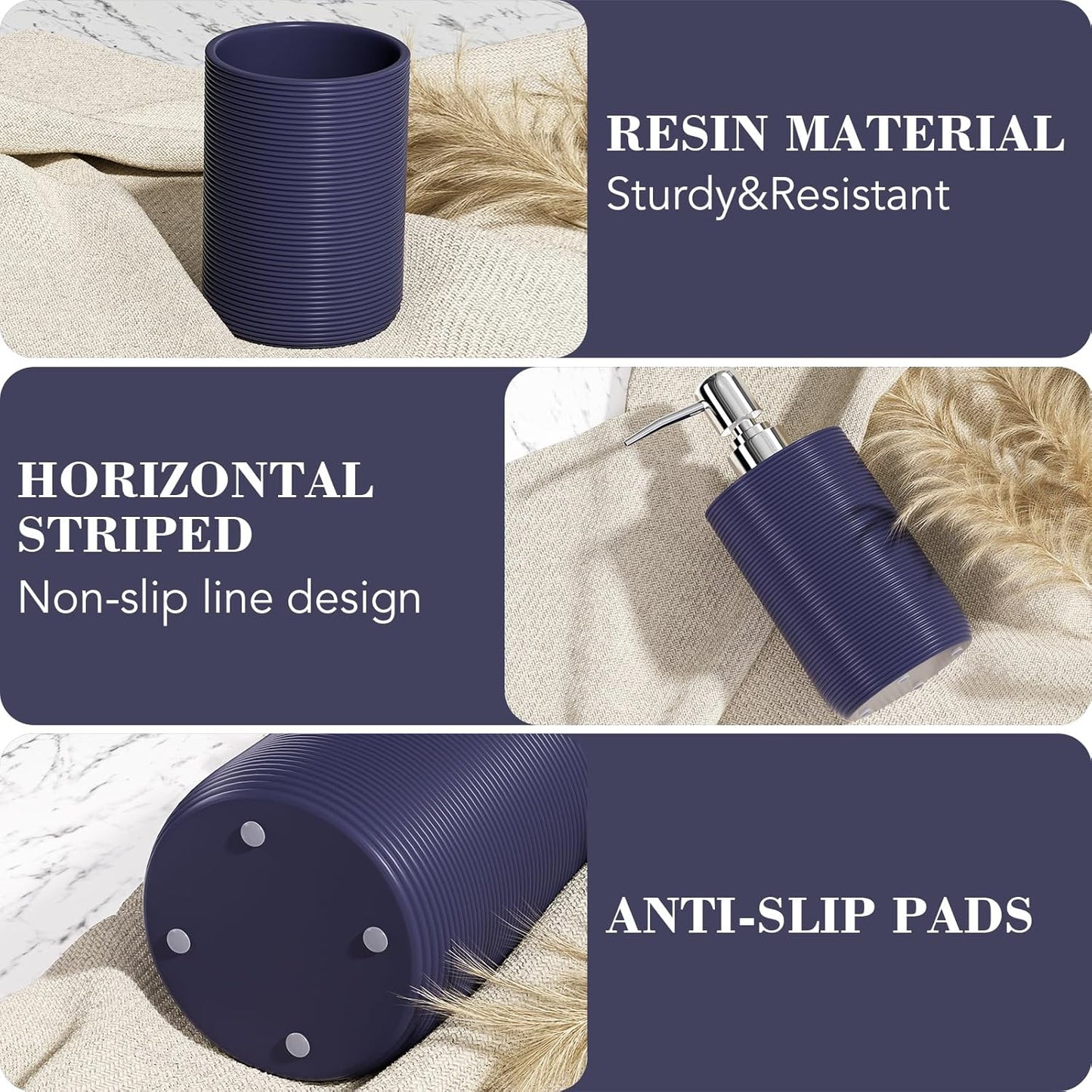 6-Piece Bathroom Accessory Set Resin, Navy Blue Bath Accessories Complete with Toothbrush Holder, Lotion Soap Dispenser, 2 Qtip Holders,Vanity Tray,Bathroom Tumbler - Countertop Vanity Organizer