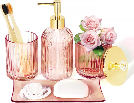 Designer Pink Glass Bathroom Accessories Sets - 4 Pcs with Lotion Soap Dispenser, Bathroom Toothbrush Holder, Vanity Tray, and Apothecary Jar, Vintage Bathroom Decor