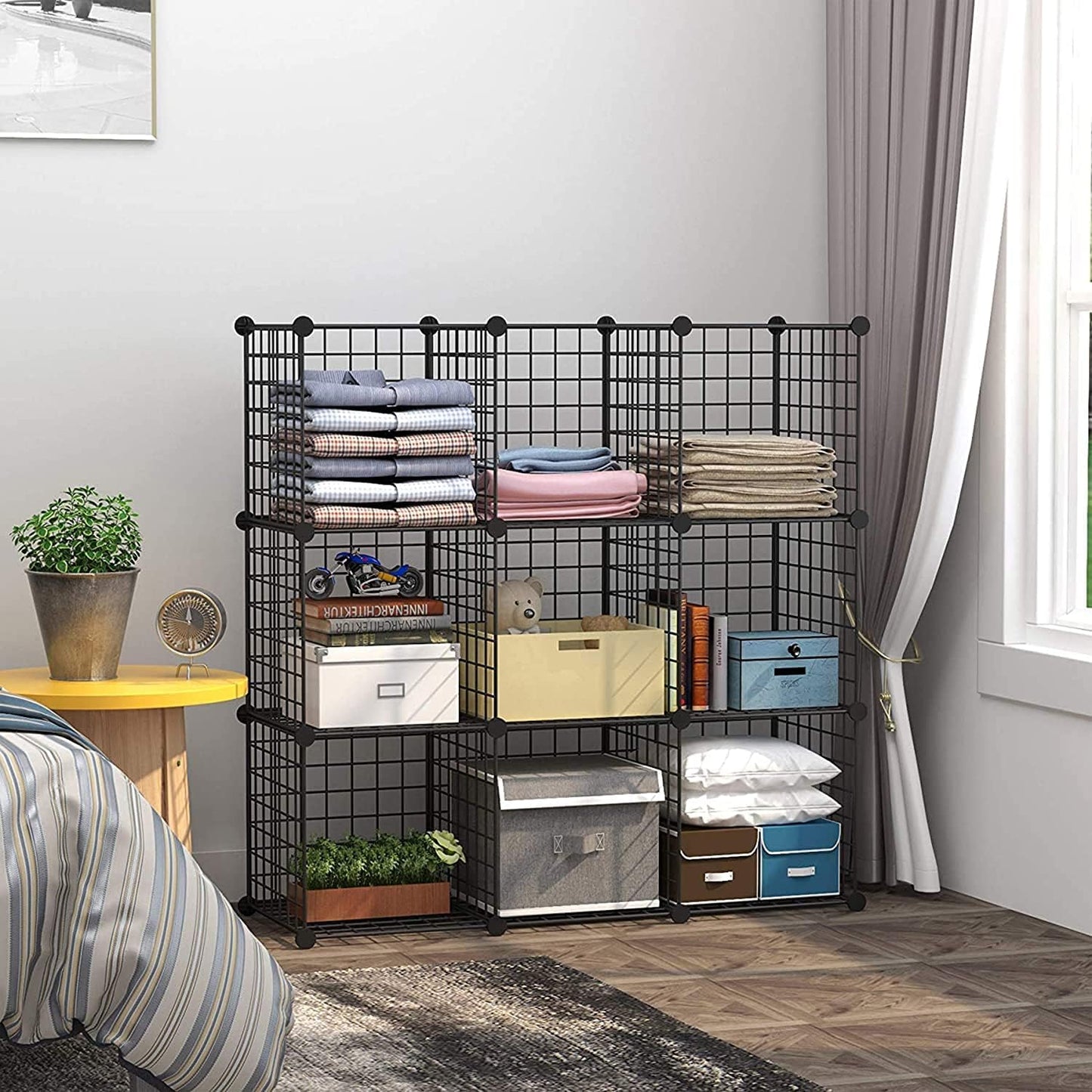 C&AHOME Wire Cube Storage - 9-Cube Organizer, Metal Grids, Modular Bookshelf, Closet Cabinet, Ideal for Home, Living Room, Office - 36.6'L x 12.4'W x 48.4'H Black