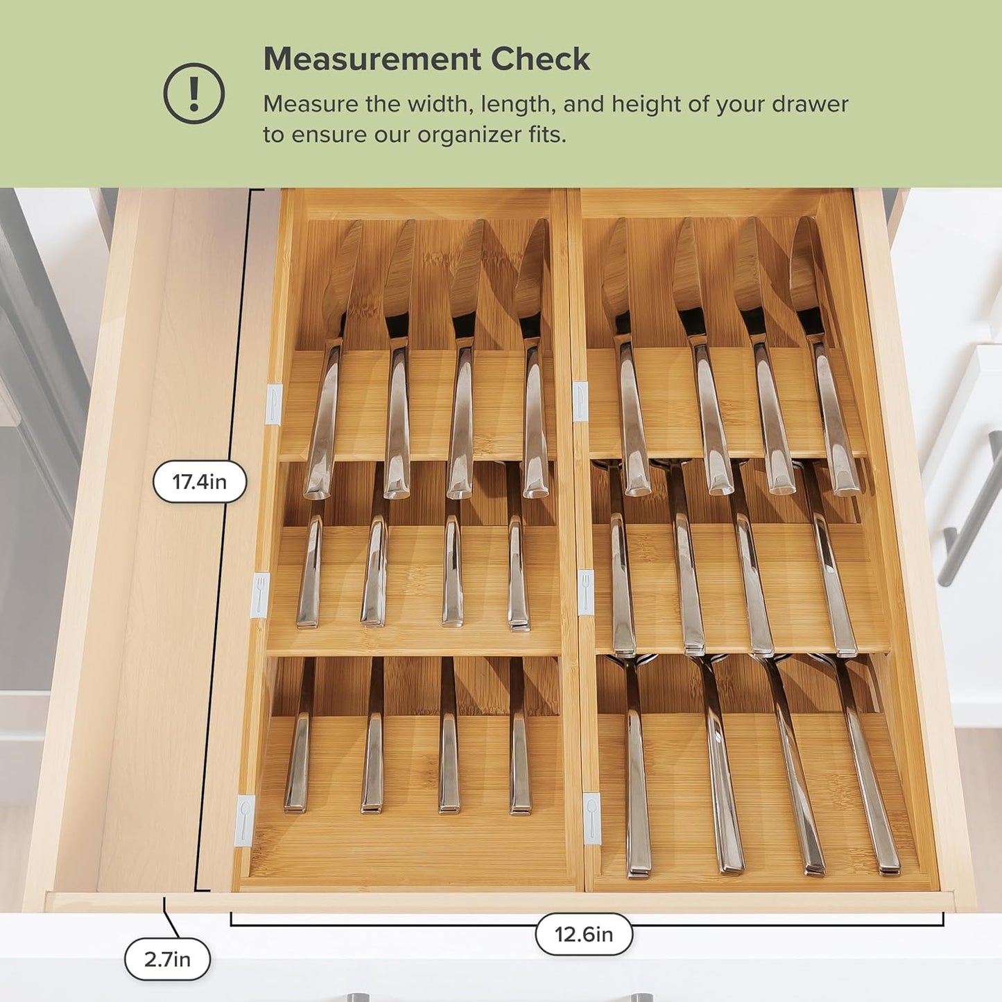 KitchenEdge Premium Cutlery, Flatware, and Silverware Drawer Organizer – Slanted 3-Compartment Design with Labeled Slots, Non-Slip Feet, 100% Sustainable Bamboo, 2 Pack