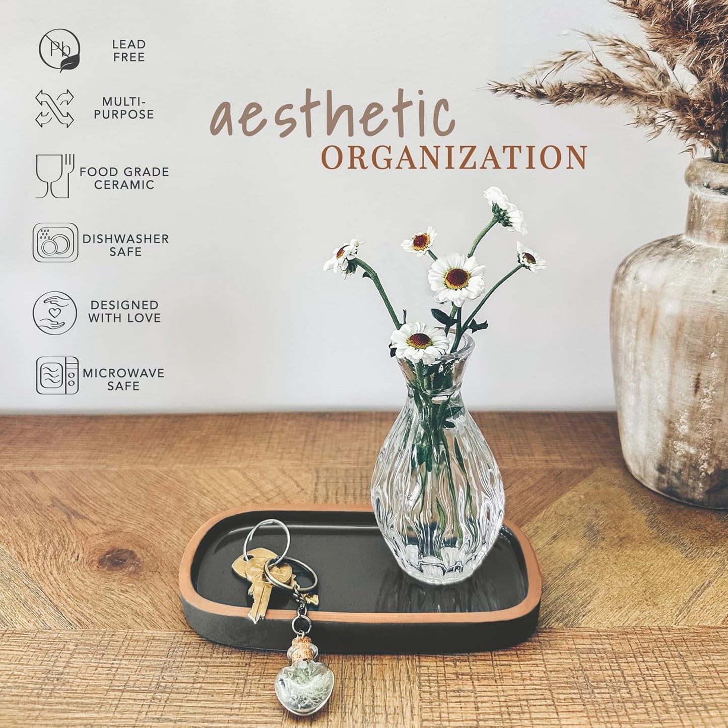 Mora Ceramic Decorative Tray - Rectangle 6.4in Dish for Jewelry, Perfume, Makeup, Accessories, Candle, in The Bathroom Vanity, Bedside, or Kitchen Counter. Cute Organizers - Black