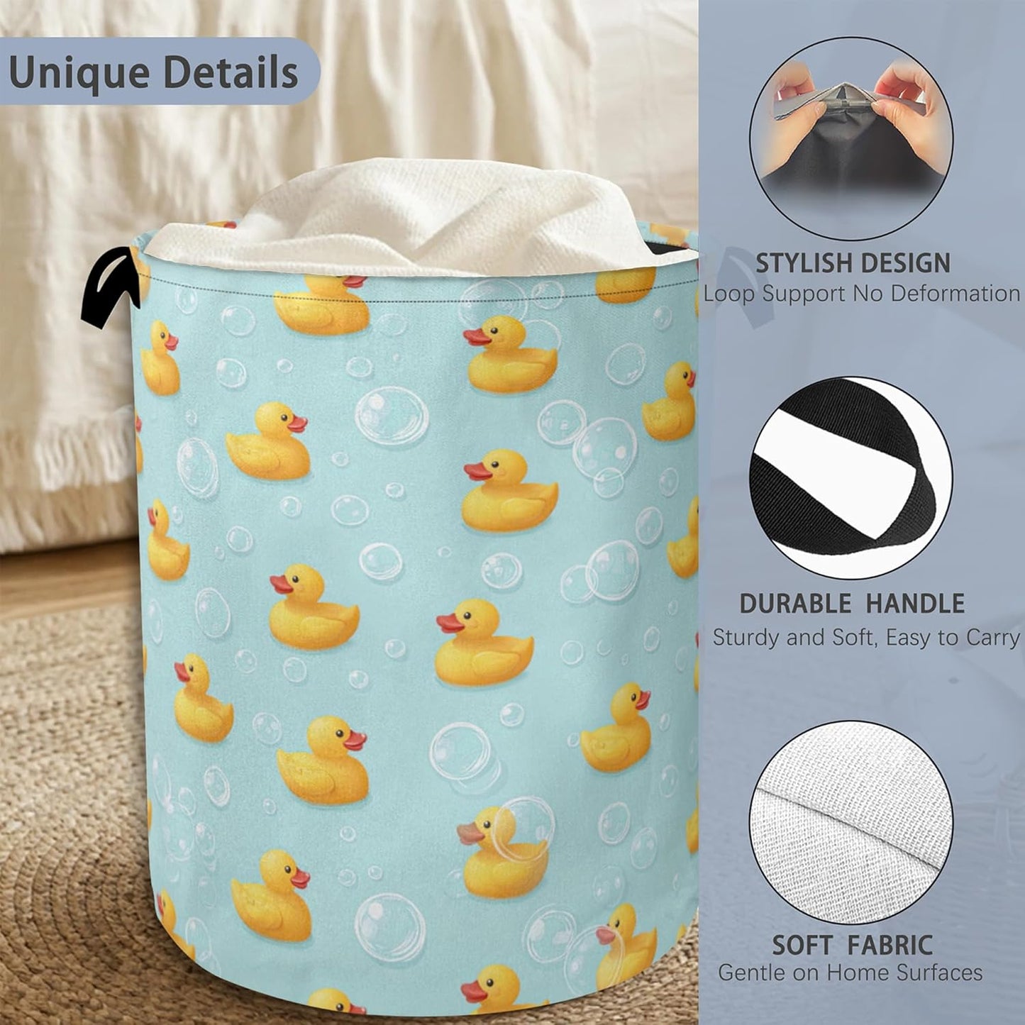Cute Duck Laundry Basket,Foldable with Handles Tote Bag Oxford Cloth for Bathroom Bedroom Dirty Clothes Storage Bucket 16" x 20.8"