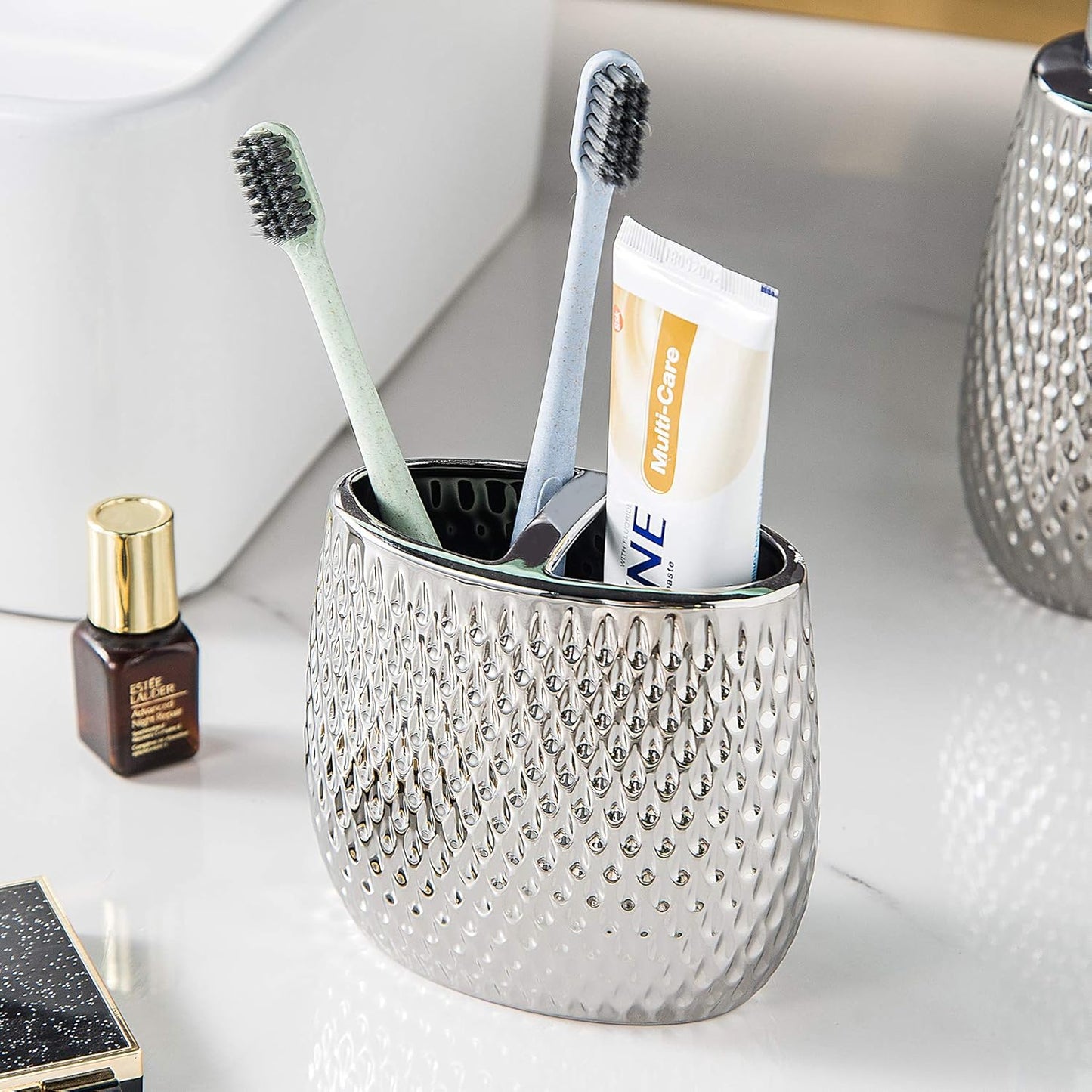 Silver Bathroom Accessory Set 4 Piece Ceramic Bath Accessories Sets Complete, Rain- Drop Shaped Bathroom Essential with Toothbrush Holder & Dish, Tumbler, Soap Dispenser Set for Bath Decor