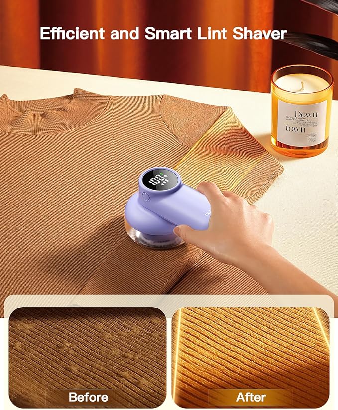 coldSky Rechargeable Fabric Shaver, Lint Shaver with Digital Display, Sweater Shaver with 6-Leaf Blades and Safety Lock, 3-Speeds Defuzzer Remove Fuzz, Pills from Clothes, Furniture, Blanket Purple