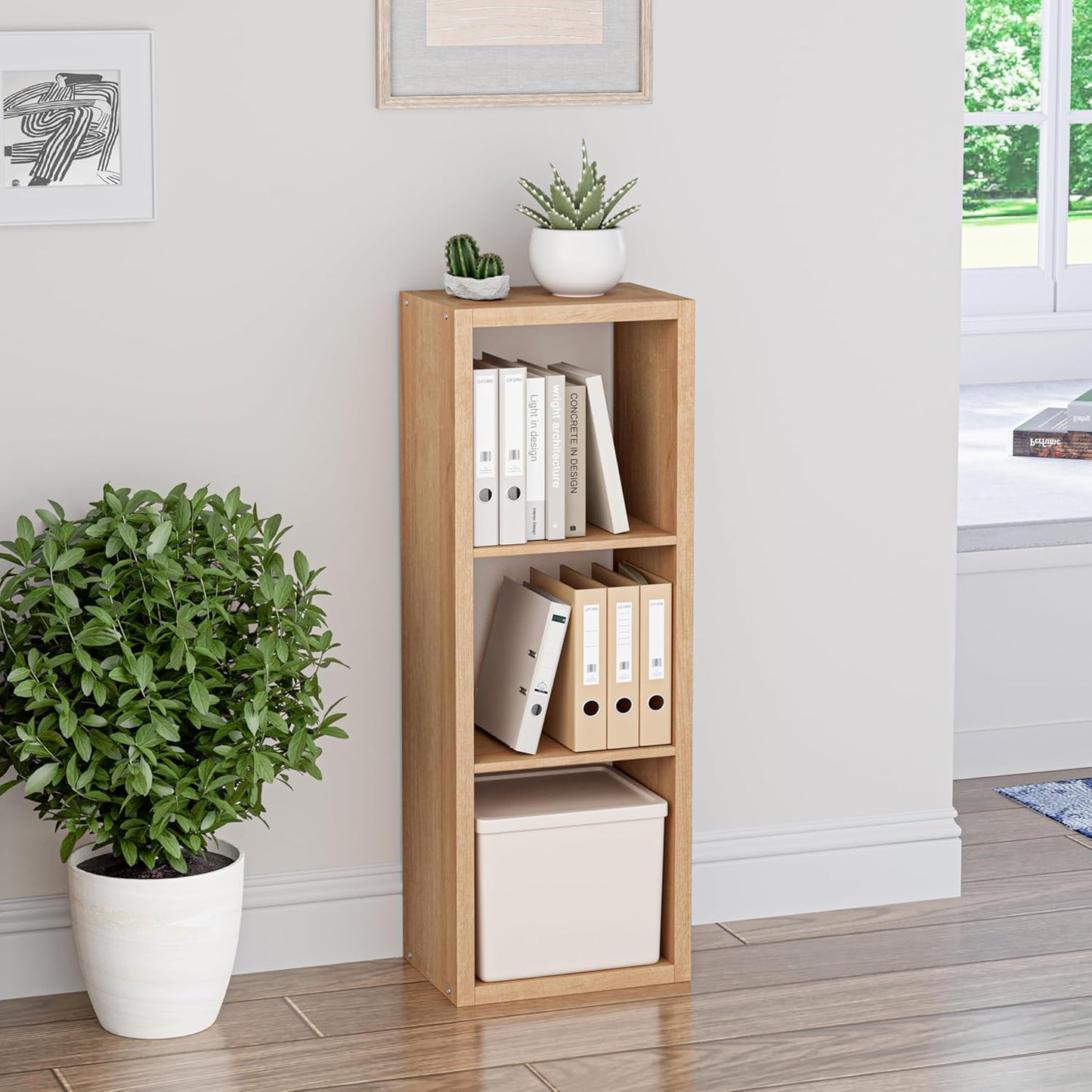 Cube Storage Organizer Bookcase, 3 Tier Decorative 11 inch Open Back Cubical Shelf with Thickened Border, Display Bookshelf for Living Room, Home Office, Sturdy Room (Natural Oak, 3 Cube)