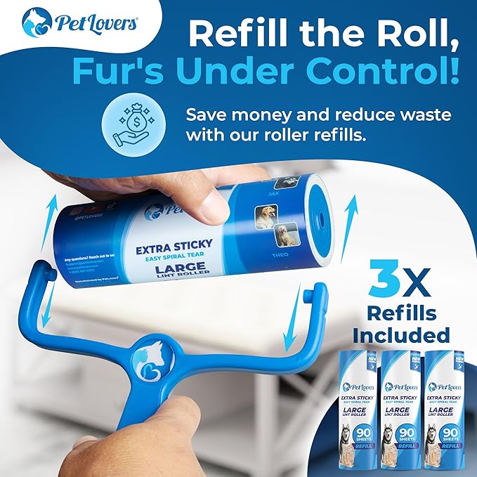 PetLovers 6.3" Large Lint Roller for Pet Hair Extra Sticky 360 Sheets, Ideal for Pet Hair Removal from Furniture & Clothes, Dog and Cat Lint Remover 4 Pack