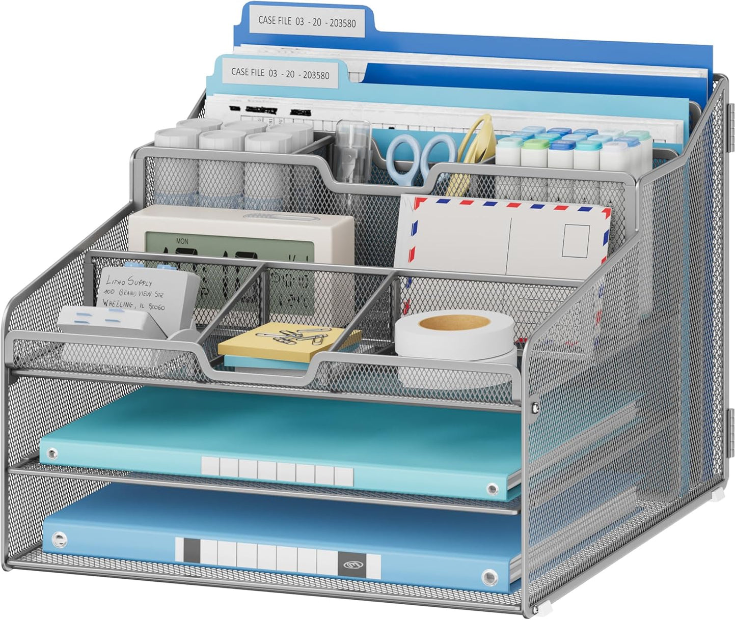 Lavatino Desk Paper File Organizer - Metal Mesh with 2 Letter Trays, 7 Flexible Dividers, 2 Vertical File Folder Holders for Office/Home/Classroom Supplies, Desk Organizers and Accessories, Silver