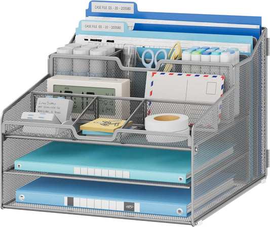 Lavatino Desk Paper File Organizer - Metal Mesh with 2 Letter Trays, 7 Flexible Dividers, 2 Vertical File Folder Holders for Office/Home/Classroom Supplies, Desk Organizers and Accessories, Silver