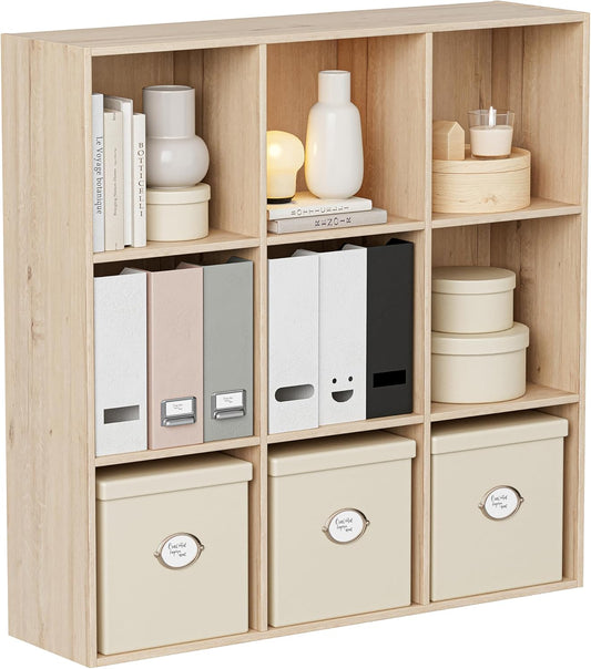 Wooden Storage Organizer with Closed Back Panel, 11in Cube Shelf Opening, Bookshelf, Display Shelf,Closet Cabinet for Home and Office (White Oak, 9-Cube 35.98L*9.45W*35.91H)
