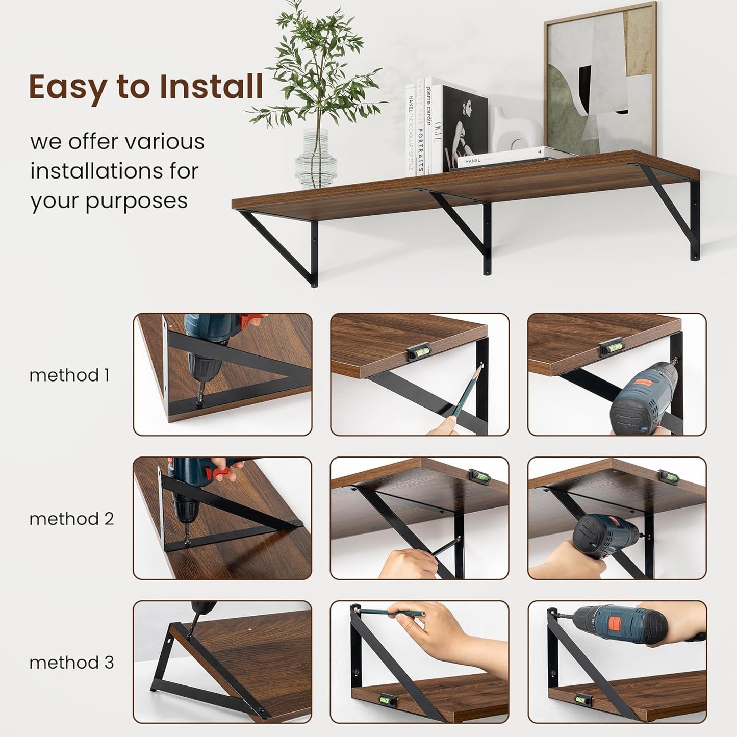 Axeman Deep Floating Shelves for Wall - 55 Inch Wide x 10 Inch Deep Walnut Floating Shelves Set of 2 - Wide Wall Shelves for Living Room Bathroom Bedroom