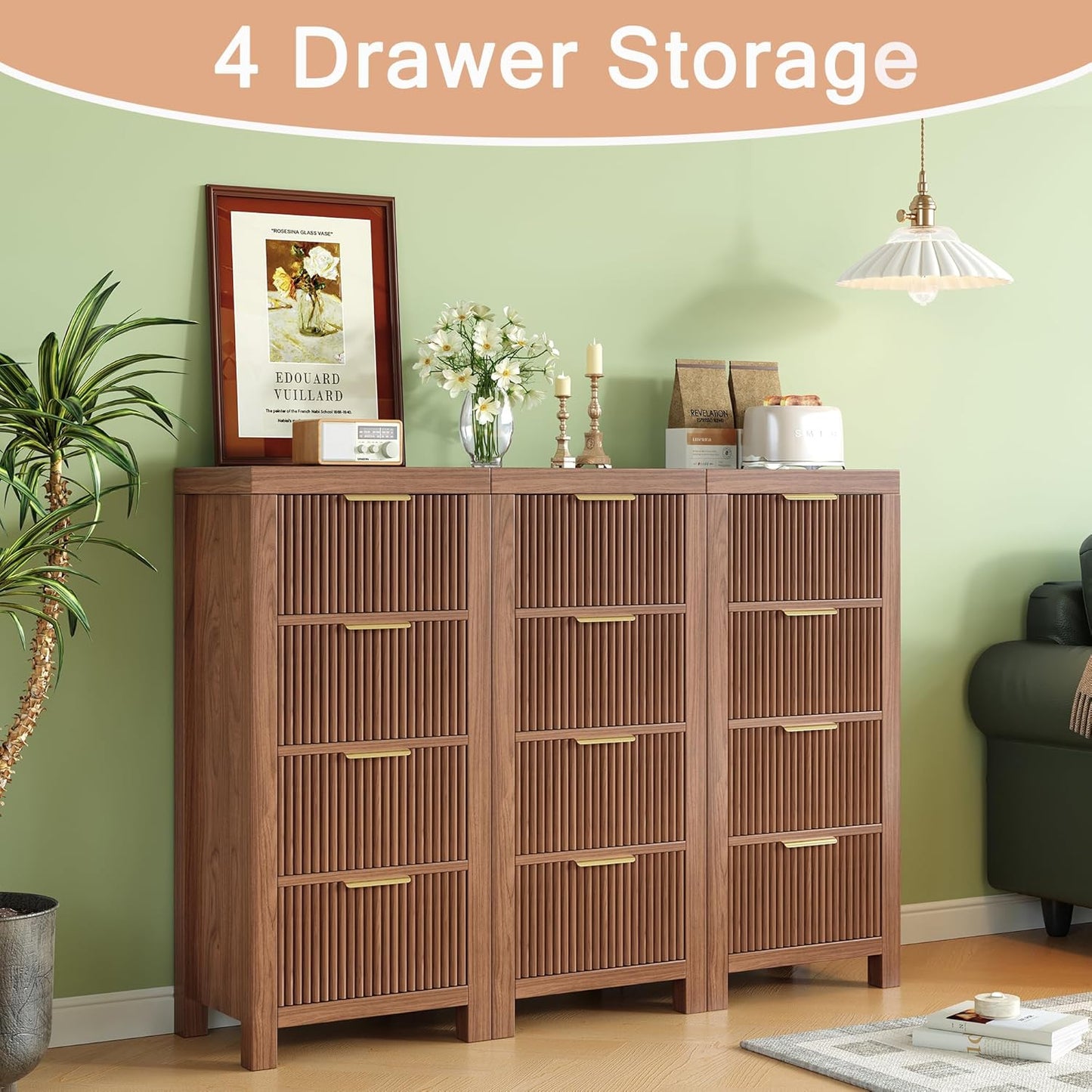 Mid-Century Modern Tall Wooden Dresser with 4 Spacious Drawers, Entryway Storage Chest with Smooth Metal Handles, Bedroom Clothes Organizer for Entryway, Office, and Small Spaces, Walnut