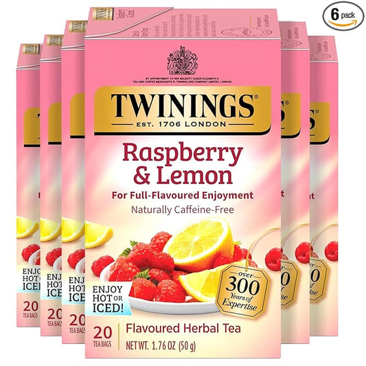 Twinings Raspberry & Lemon Herbal Tea Individually Wrapped Bags, 20 Count (Pack of 6), Fruity & Zesty, Naturally Caffeine-Free, Enjoy Hot or Iced, 120 Teabags