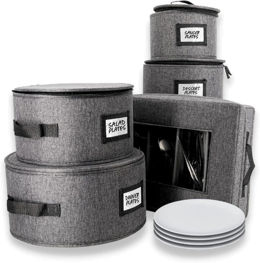 HOMELUX THEORY Hard Shell China Storage Containers for Dishes, 5pcs Flatware & Plate storage Containers, Heavy Duty Dish and Dinnerware Storage with Lid for Packing Dinner Plate, Utensil & Silverware