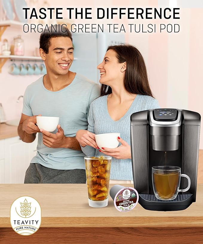 Organic Tulsi Tea Pods with Unsweetened Caffeinated Green Tea Pods for Keurig - Tulsi Green Tea by Teavity (36 Tea Pods)
