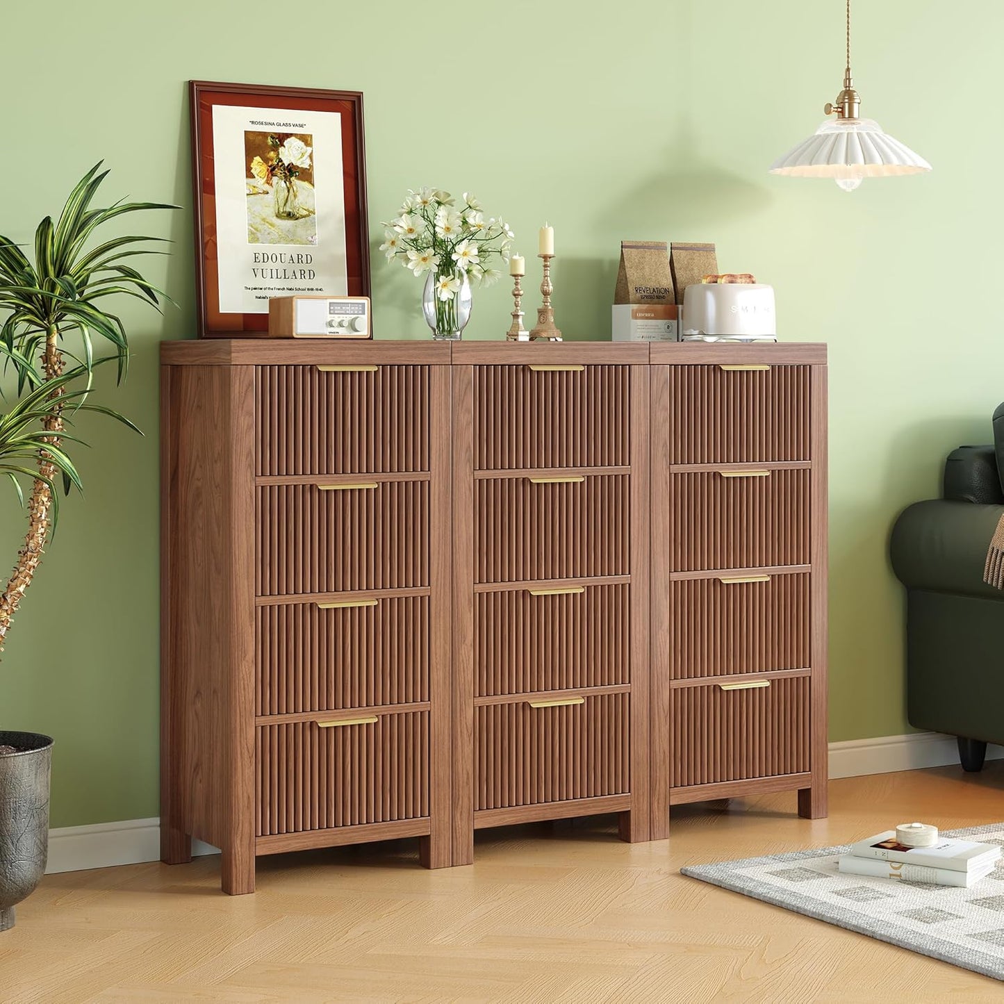 Mid-Century Modern Tall Wooden Dresser with 12 Spacious Drawers, Entryway Storage Chest with Smooth Metal Handles, Bedroom Clothes Organizer for Entryway, Office, and Small Spaces, Walnut X3