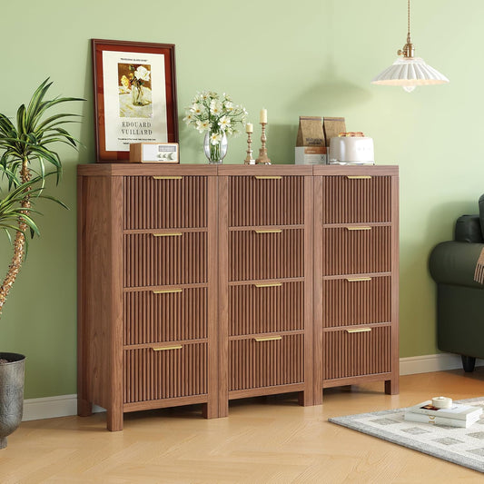 Mid-Century Modern Tall Wooden Dresser with 12 Spacious Drawers, Entryway Storage Chest with Smooth Metal Handles, Bedroom Clothes Organizer for Entryway, Office, and Small Spaces, Walnut X3