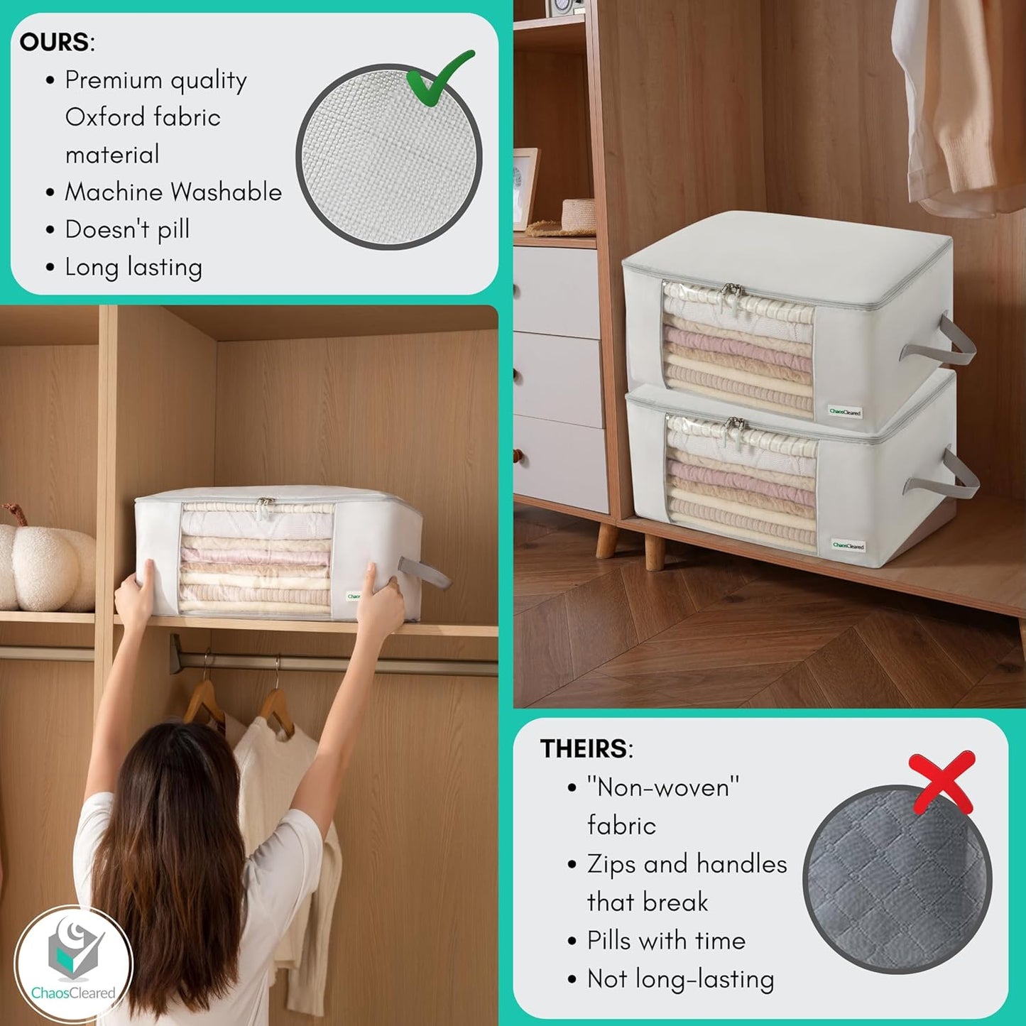 Clothing Storage Bags Clothes Organizer folding fabric bags for sweaters, clothing, garment, bedding, quilt, linens, large folding organizers with zip & window, mothproof underbed space saver bins