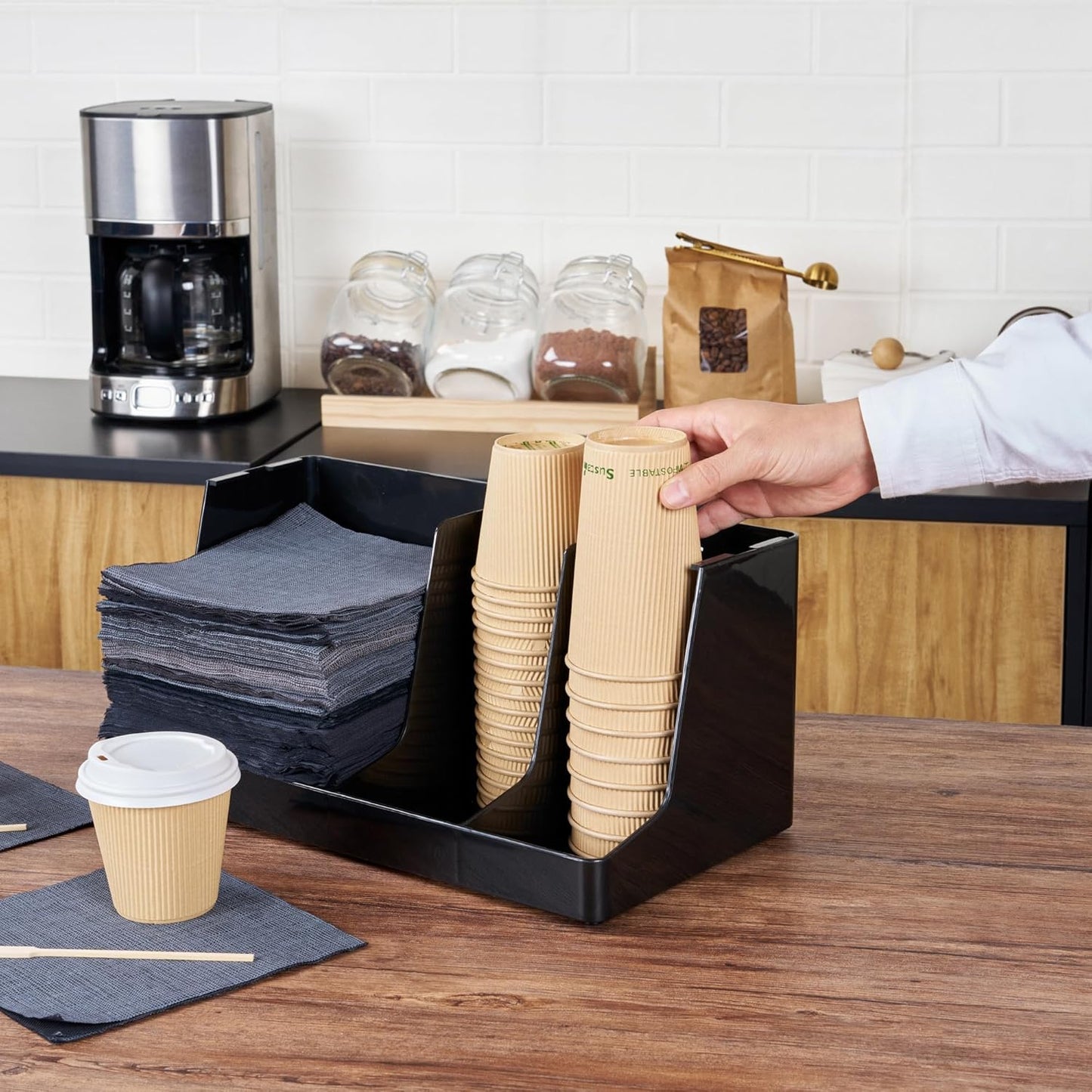 Restaurantware Restpresso Coffee Bar Organizer, 1 Count Durable 3 Compartments, Compact Size, Black Plastic Tabletop Coffee Supplies Organizer For Homes, Office Spaces, Breakrooms, and Lounges