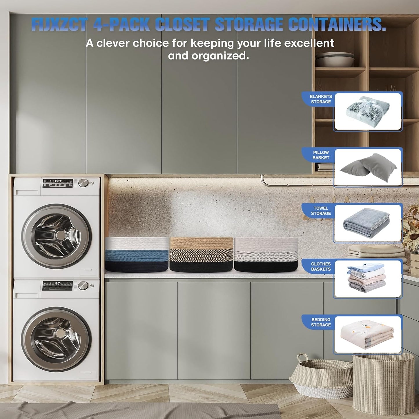 4 Pack Woven Storage Baskets for Organizing - Cotton Rope Baskets for Closet, Toys, Books, Towels, Durable Storage Bins for Shelves, Living Room, Bedroom, 14.76''Lx9.84''Wx8.86''H (Brown, 13")