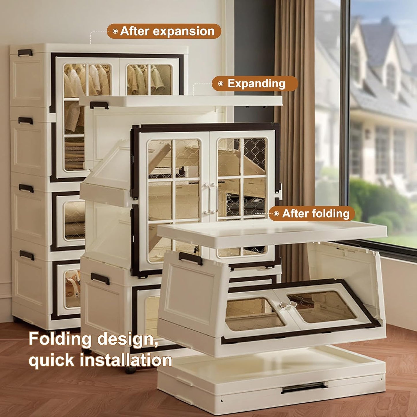 Large Stackable Storage Bins with Lid, Plastic Collapsible Cabinet with Wheels, Large Closet Organizer, Foldable Storage Cabinet for Home and Office Dorm Organizer Essential