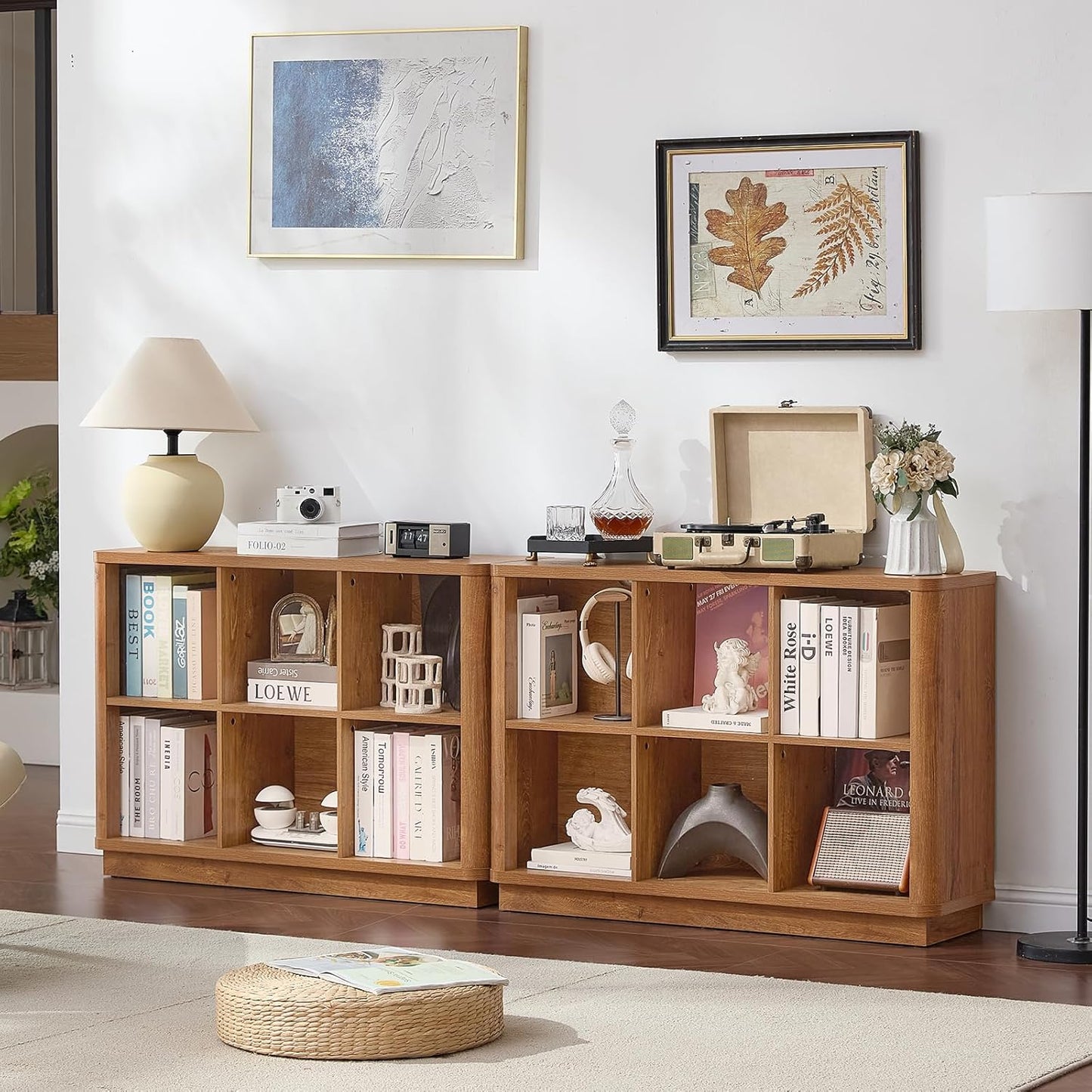 6 Cube Storage Book Shelf, 40" Wide Low Horizontal Bookcase with Curved Edge, Floor Standing 2-Tier Wooden Bookshelf with Base, Modern Short Book Case for Bedroom, Study, Entryway, Brown