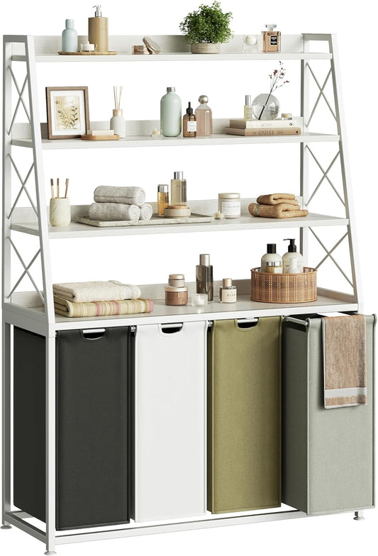 Laundry Basket, 4 Section Laundry Hamper with 4 Tiers Shelf, Pull-Out and Removable Laundry Bags, Large 4 x 15.87 Gallons, for Laundry Room Bathroom White PF12XLE