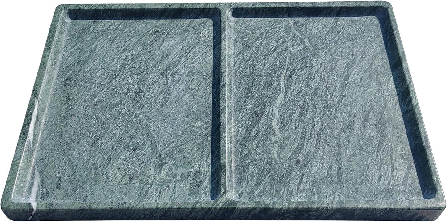 11.81"x7.87" Marble Decorative Tray with 2 Compartments – Catchall Organizer for Jewelry, Soap, Cosmetics – Polished Green Stone Vanity Tray for Bathroom, Dresser, Entryway, Office Decor