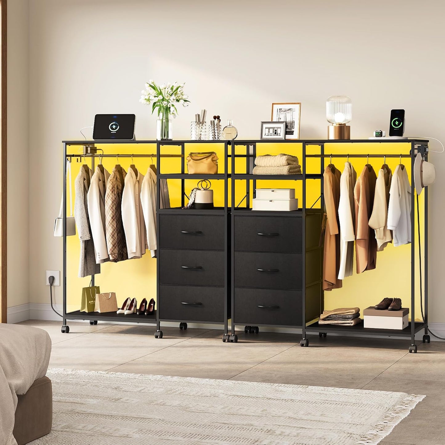 WLIVE 42''W Black Dresser for Bedroom with Hanging Rack, 3 Drawer Dresser with LED Lights & Charging Station, Fabric Dressers & Chest of Drawers, Storage Organizer with Open Shelves for Living Room