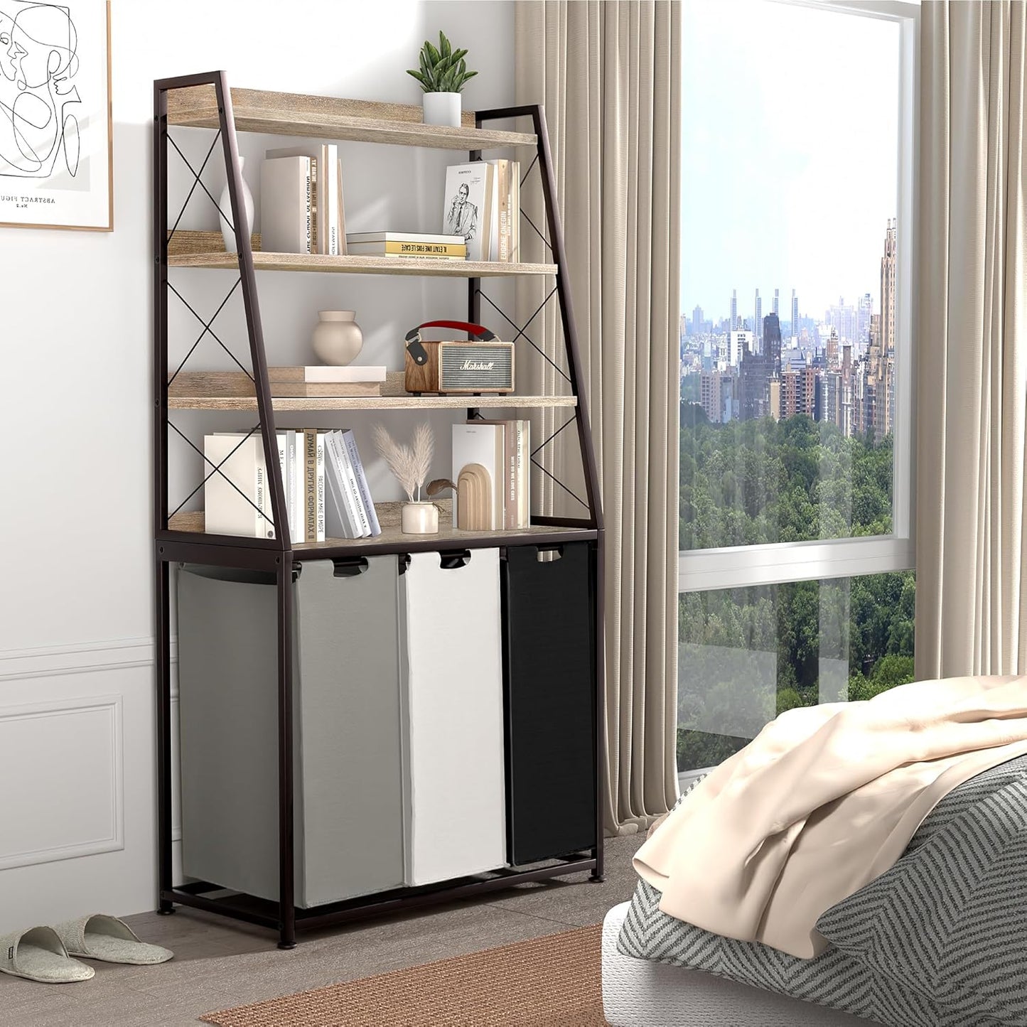 Laundry Basket, 3 Section Laundry Hamper with 4 Tiers Shelf, Pull-Out and Removable Laundry Bags, Large 3 x 15.87 Gallons, for Laundry Room Bathroom Greige PF05XLZ