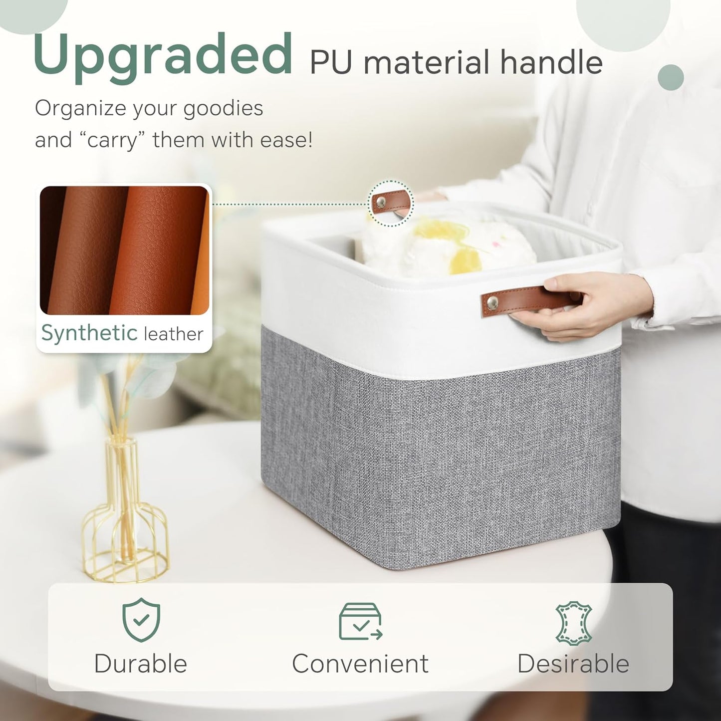 Cube Storage Baskets 6 Pack, 11x11 inch Foldable Cube Storage Bins with Leather Handles for Shelf Closet Nursery Toys (White/ Gray)